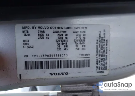 2004 Volvo Xc90 2.5T Awd z USA, uszkodzony, nr VIN YV1CZ59H841122513